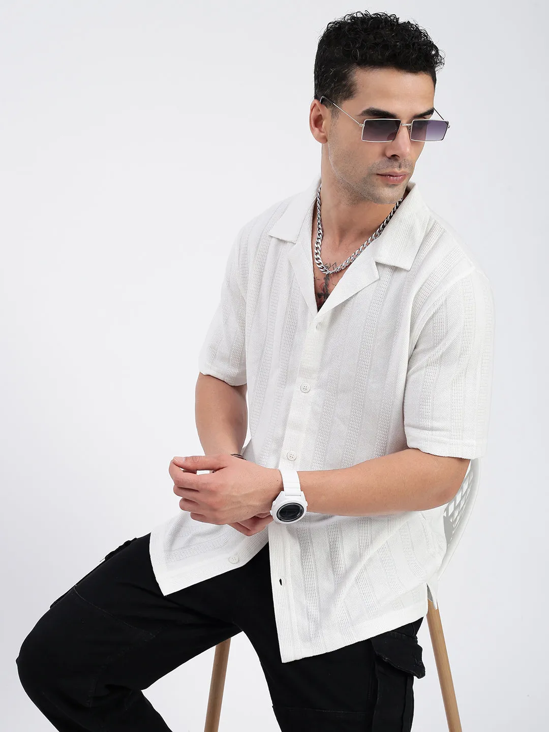Men White Standard Cuban Collar Textured Cotton Casual Shirt