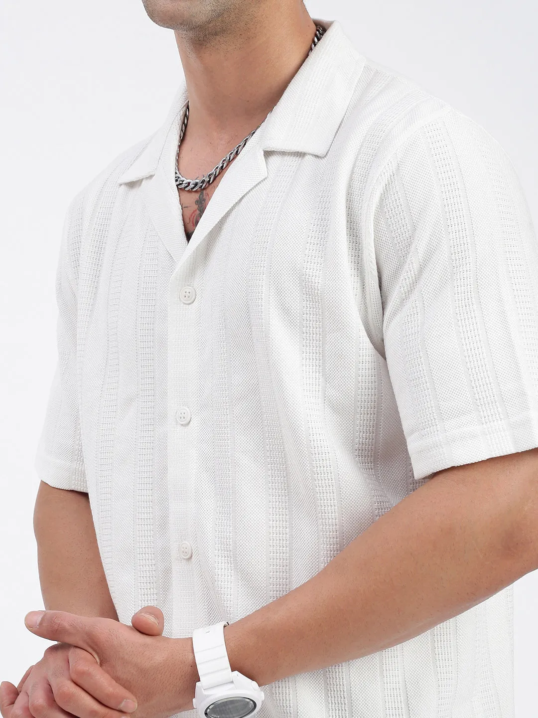 Men White Standard Cuban Collar Textured Cotton Casual Shirt