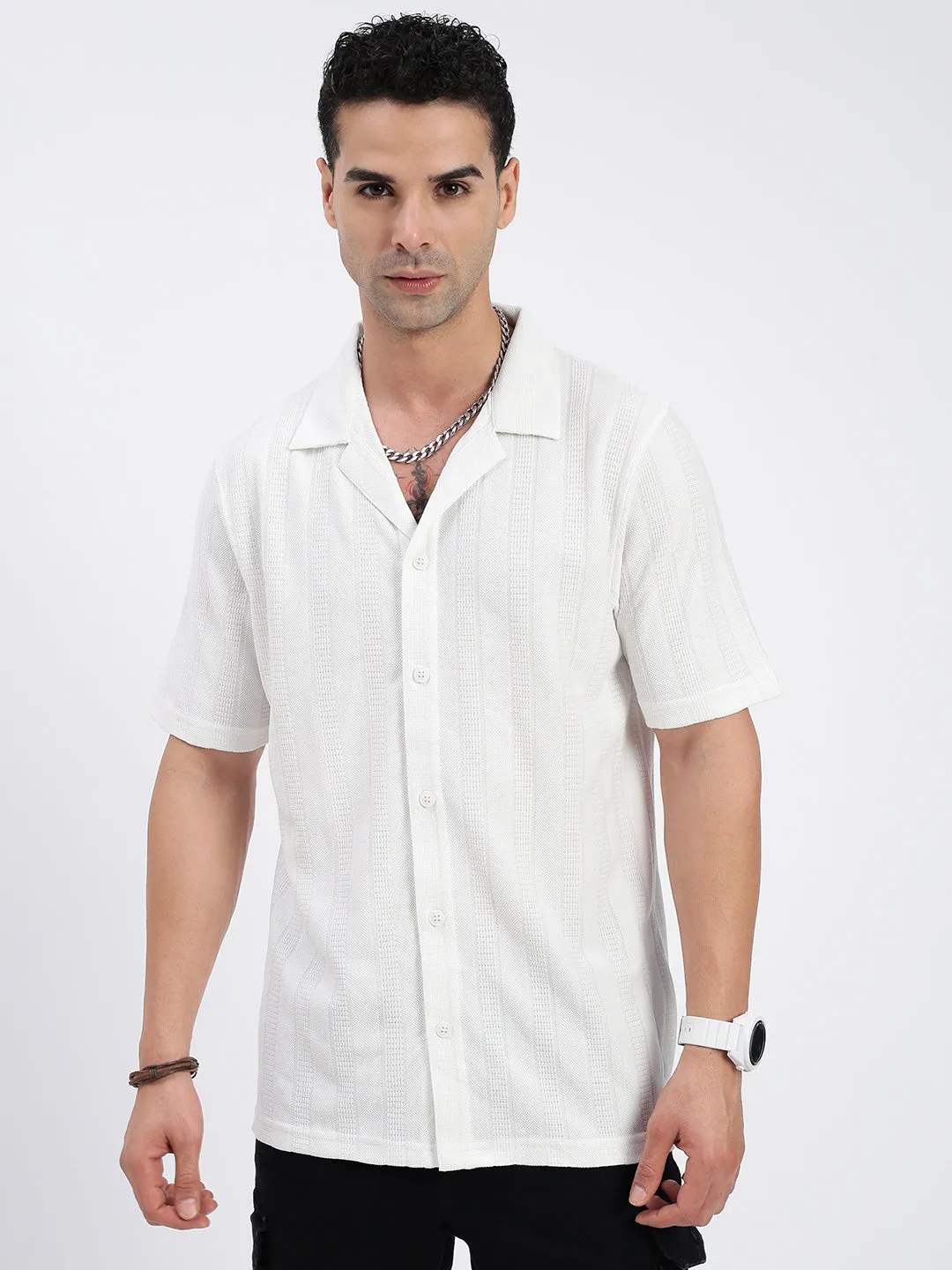 Men White Standard Cuban Collar Textured Cotton Casual Shirt