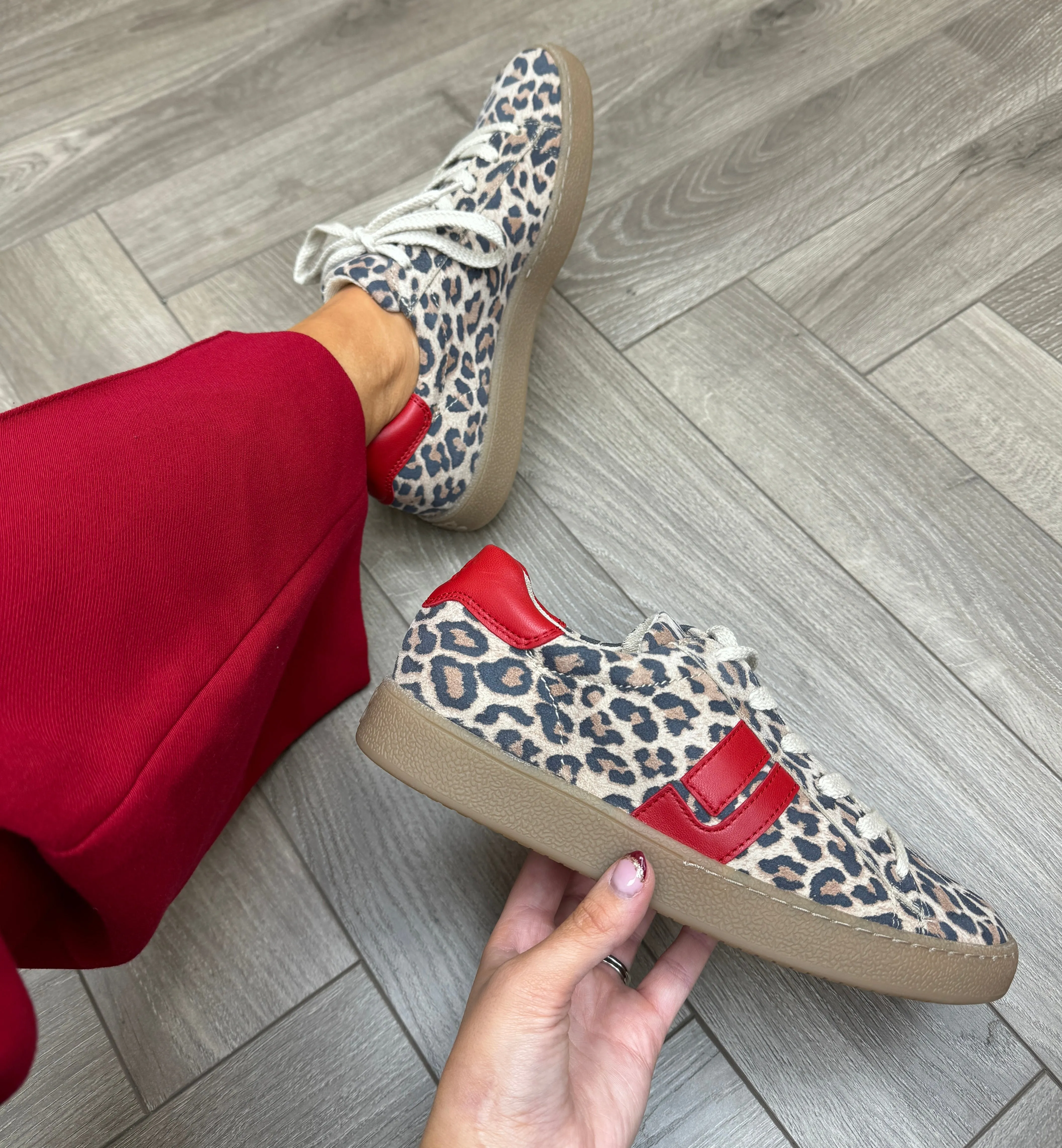 Paul Green (SS25) Leopard Print Trainer with Gum Sole and Red Inserts 5464-13 - Leopard/Nappa Desert/Salsa (PG7)
