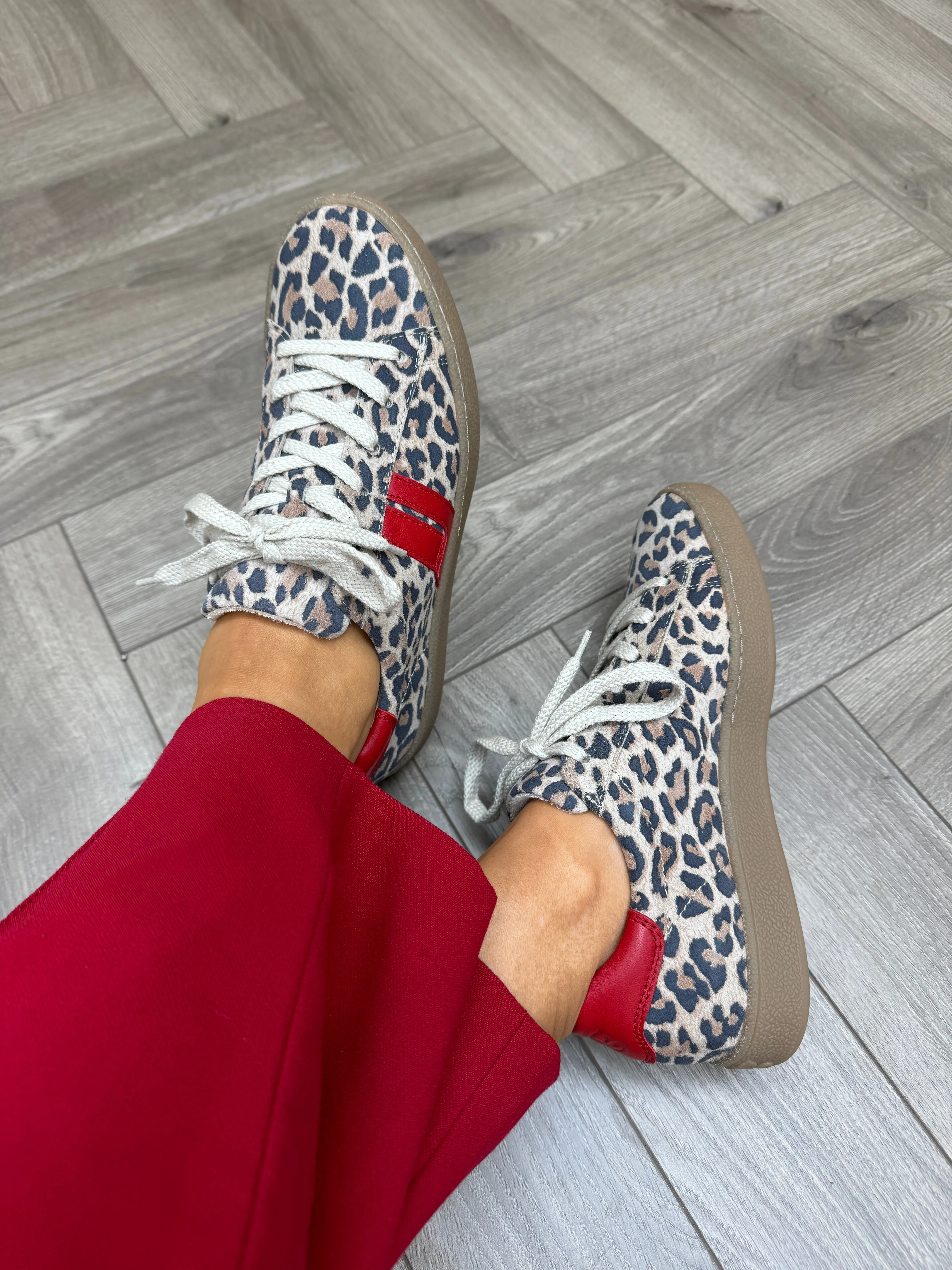 Paul Green (SS25) Leopard Print Trainer with Gum Sole and Red Inserts 5464-13 - Leopard/Nappa Desert/Salsa (PG7)