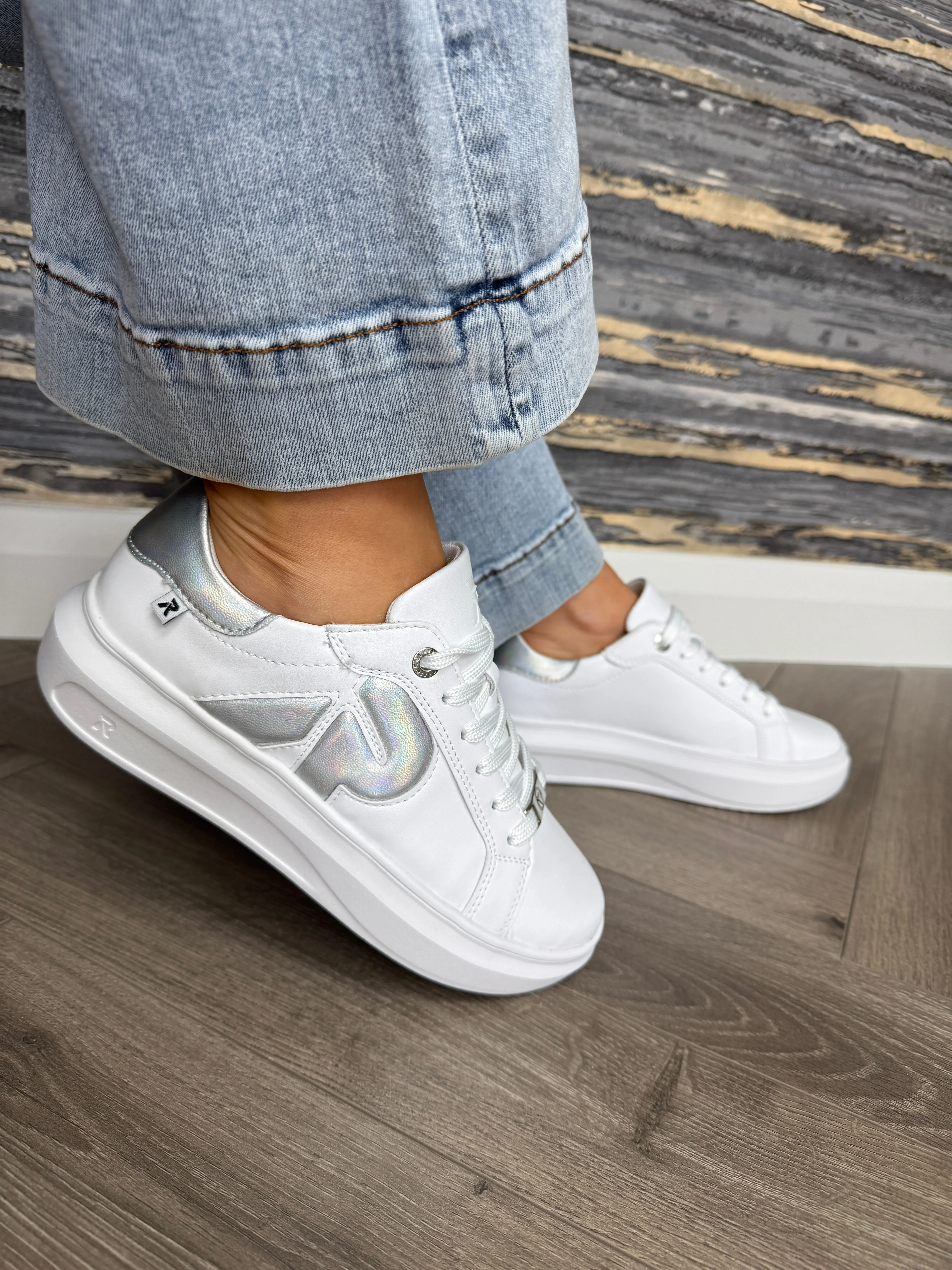 Rieker (R43) Lace Up Trainer With Holographic ‘R’ W1204-82 - White