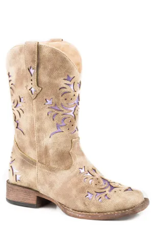 Roper Kids Girls Lola Tan/Purple Faux Leather Cowboy Boots