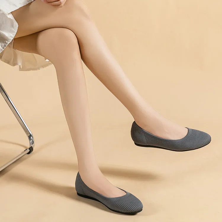Round Head Light Mouth Fabric Flat Bottom Women's Fashion Solid Color Knitted Soft Sole Large Size Boat Shoes