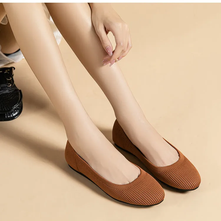 Round Head Light Mouth Fabric Flat Bottom Women's Fashion Solid Color Knitted Soft Sole Large Size Boat Shoes