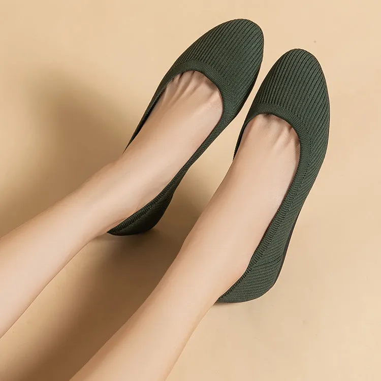 Round Head Light Mouth Fabric Flat Bottom Women's Fashion Solid Color Knitted Soft Sole Large Size Boat Shoes