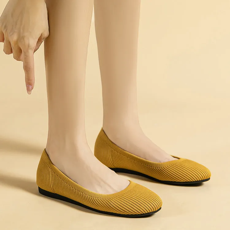 Round Head Light Mouth Fabric Flat Bottom Women's Fashion Solid Color Knitted Soft Sole Large Size Boat Shoes