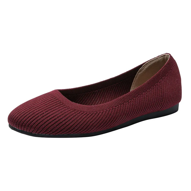Round Head Light Mouth Fabric Flat Bottom Women's Fashion Solid Color Knitted Soft Sole Large Size Boat Shoes