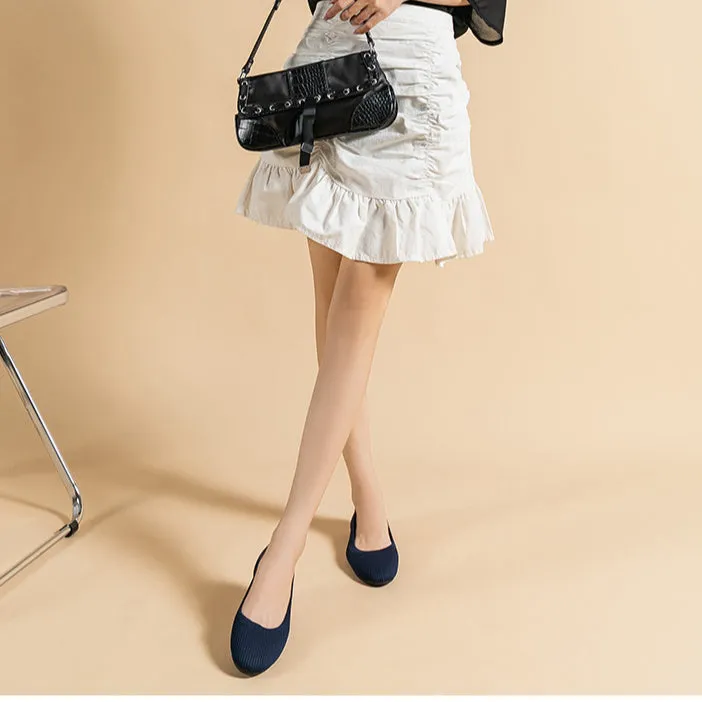 Round Head Light Mouth Fabric Flat Bottom Women's Fashion Solid Color Knitted Soft Sole Large Size Boat Shoes