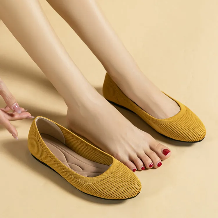 Round Head Light Mouth Fabric Flat Bottom Women's Fashion Solid Color Knitted Soft Sole Large Size Boat Shoes