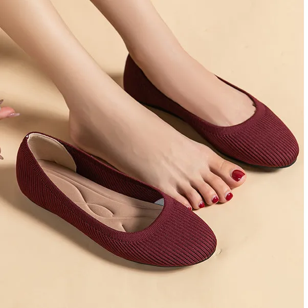Round Head Light Mouth Fabric Flat Bottom Women's Fashion Solid Color Knitted Soft Sole Large Size Boat Shoes