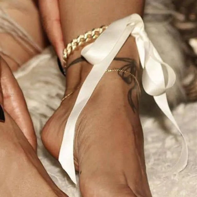 Satin Ribbon Chain Link Anklet Foot Chain Ankle Bracelet
