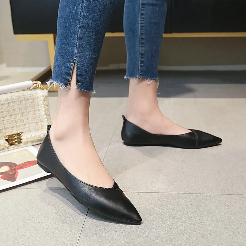 Spring Black Soft Pu Leather Shoes Women Larger Sizes 40 Ballet Flats Pointed Toe Shallow Mouth Slip