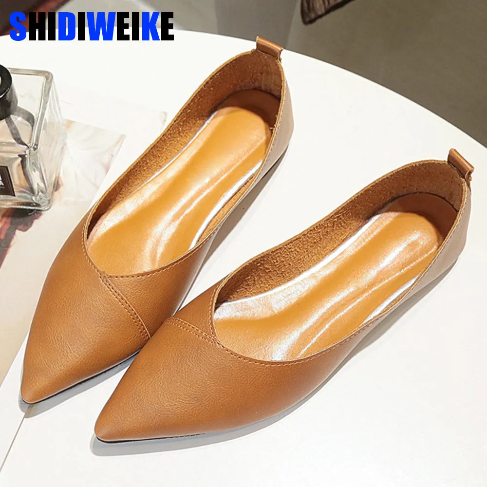 Spring Black Soft Pu Leather Shoes Women Larger Sizes 40 Ballet Flats Pointed Toe Shallow Mouth Slip