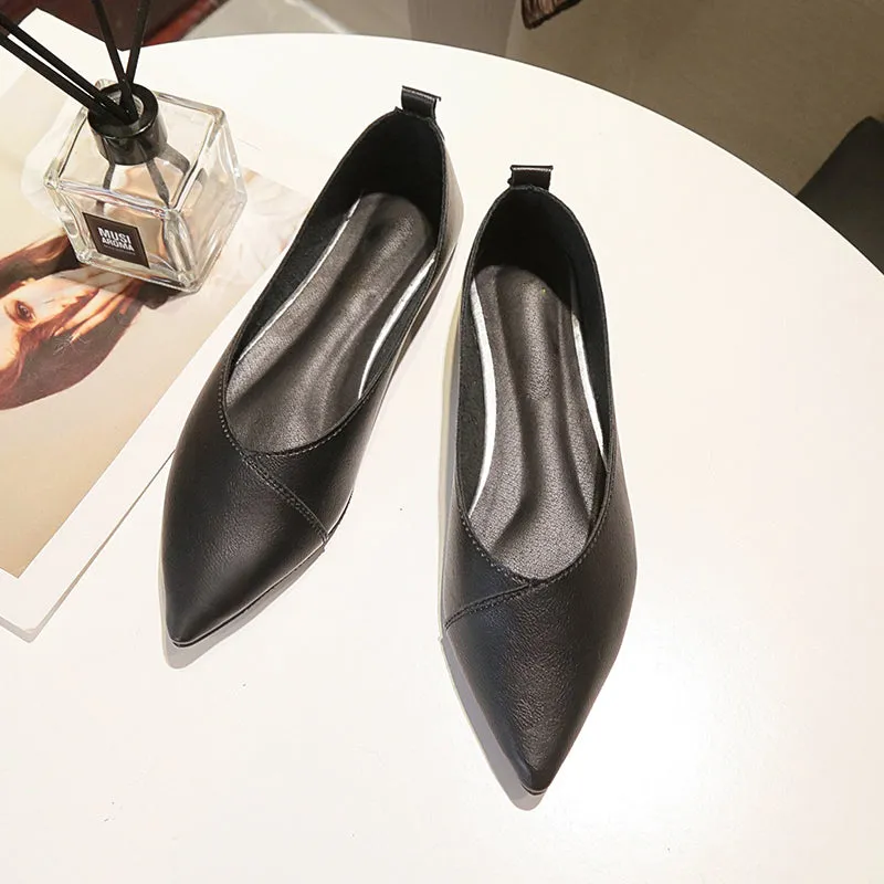 Spring Black Soft Pu Leather Shoes Women Larger Sizes 40 Ballet Flats Pointed Toe Shallow Mouth Slip