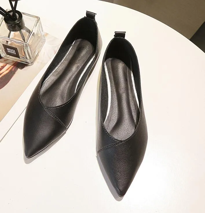 Spring Black Soft Pu Leather Shoes Women Larger Sizes 40 Ballet Flats Pointed Toe Shallow Mouth Slip