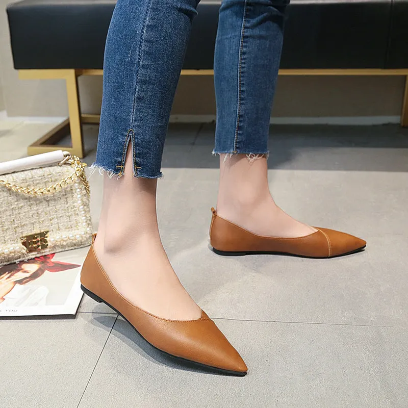 Spring Black Soft Pu Leather Shoes Women Larger Sizes 40 Ballet Flats Pointed Toe Shallow Mouth Slip