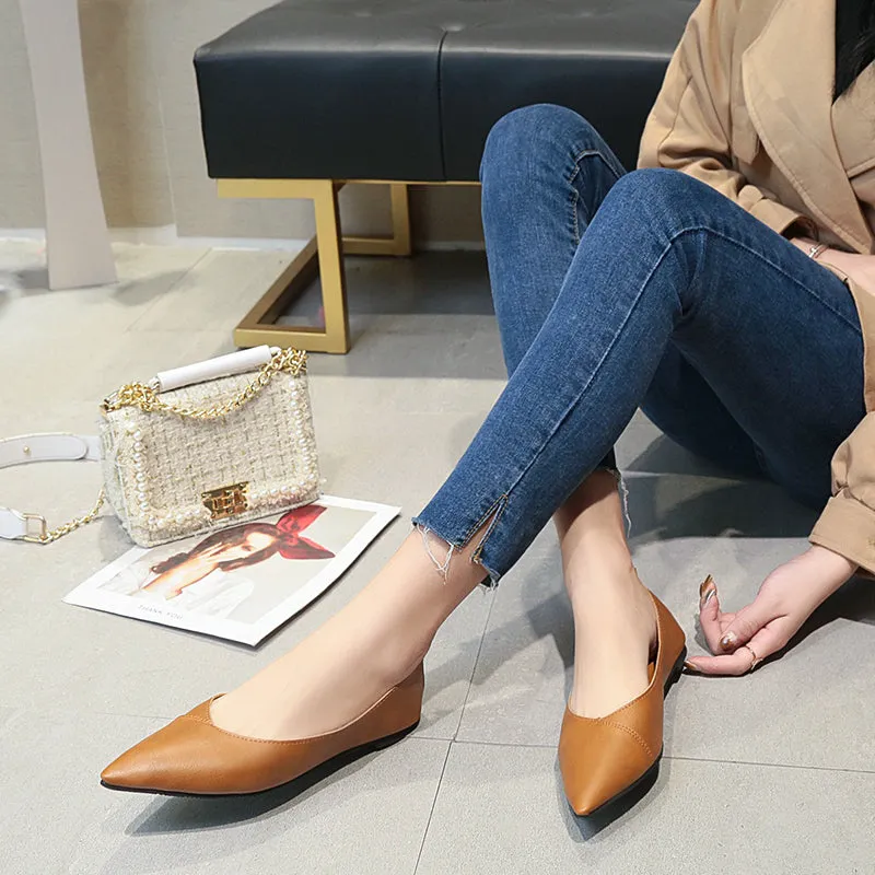 Spring Black Soft Pu Leather Shoes Women Larger Sizes 40 Ballet Flats Pointed Toe Shallow Mouth Slip