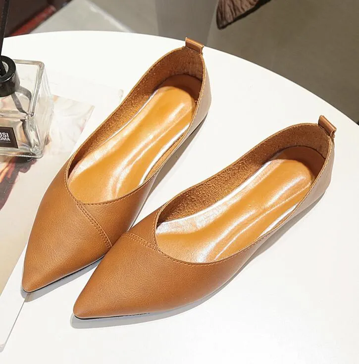 Spring Black Soft Pu Leather Shoes Women Larger Sizes 40 Ballet Flats Pointed Toe Shallow Mouth Slip