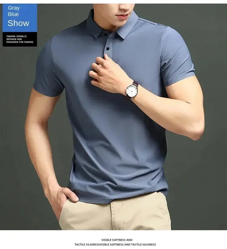 Summer T-shirt Short Sleeve Stretch Ice Silk Polo Shirt Men Business Casual