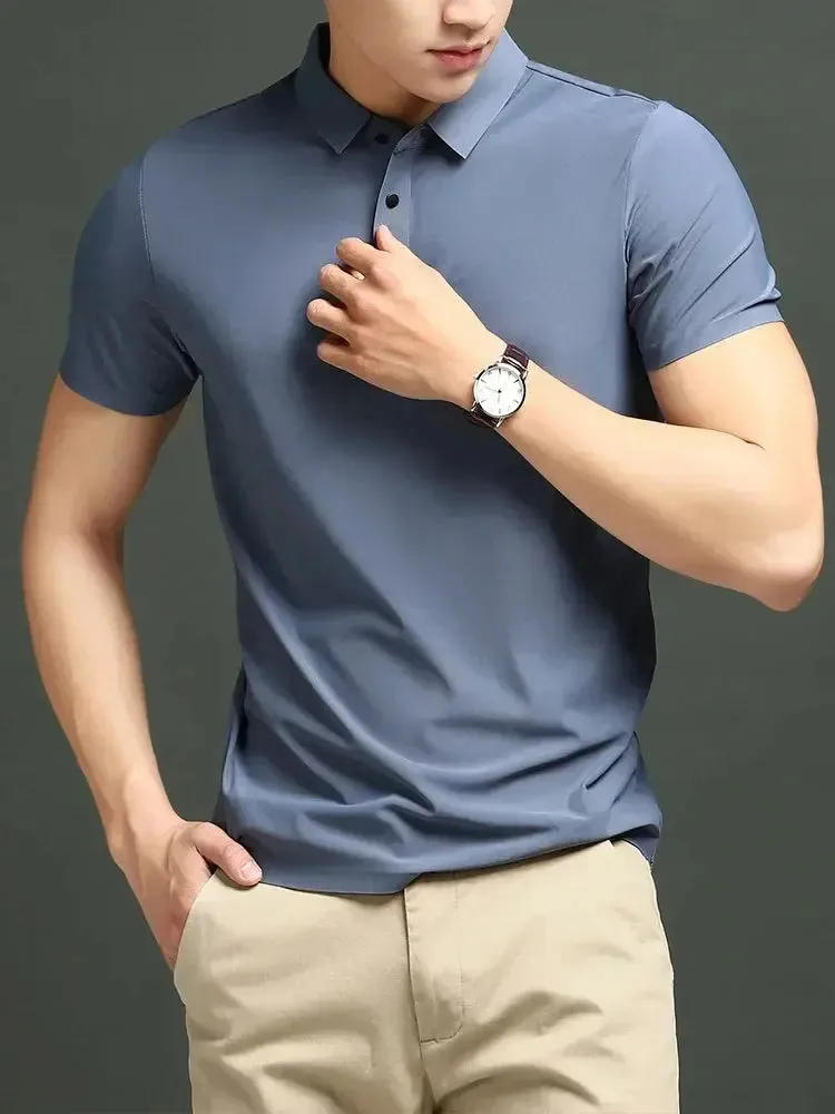 Summer T-shirt Short Sleeve Stretch Ice Silk Polo Shirt Men Business Casual