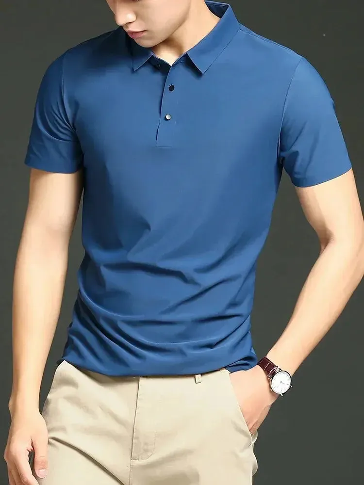 Summer T-shirt Short Sleeve Stretch Ice Silk Polo Shirt Men Business Casual