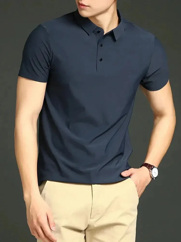 Summer T-shirt Short Sleeve Stretch Ice Silk Polo Shirt Men Business Casual