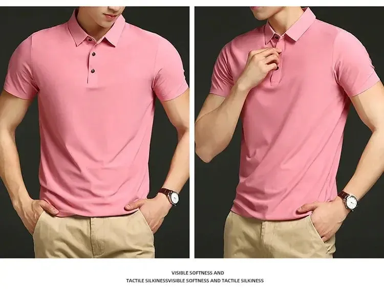 Summer T-shirt Short Sleeve Stretch Ice Silk Polo Shirt Men Business Casual