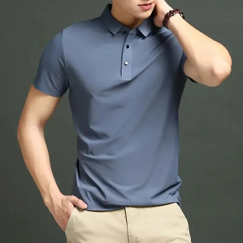 Summer T-shirt Short Sleeve Stretch Ice Silk Polo Shirt Men Business Casual