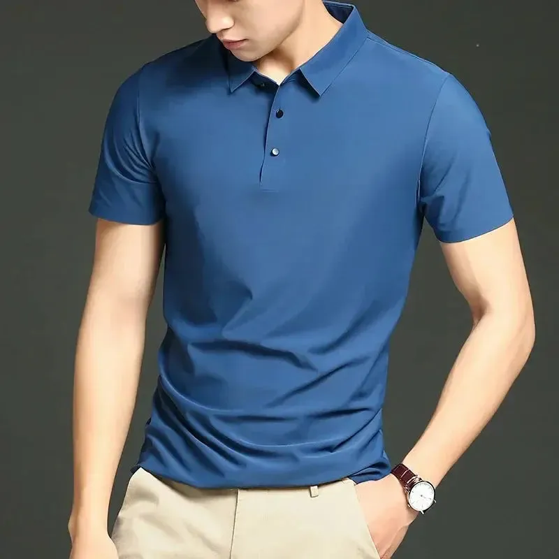 Summer T-shirt Short Sleeve Stretch Ice Silk Polo Shirt Men Business Casual