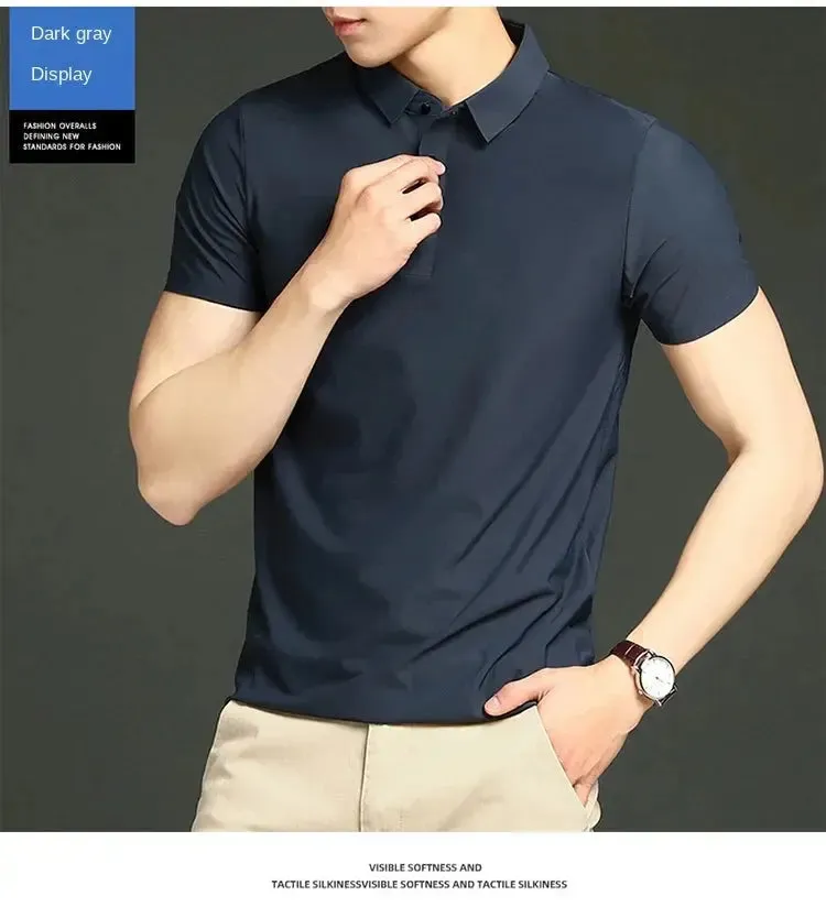 Summer T-shirt Short Sleeve Stretch Ice Silk Polo Shirt Men Business Casual