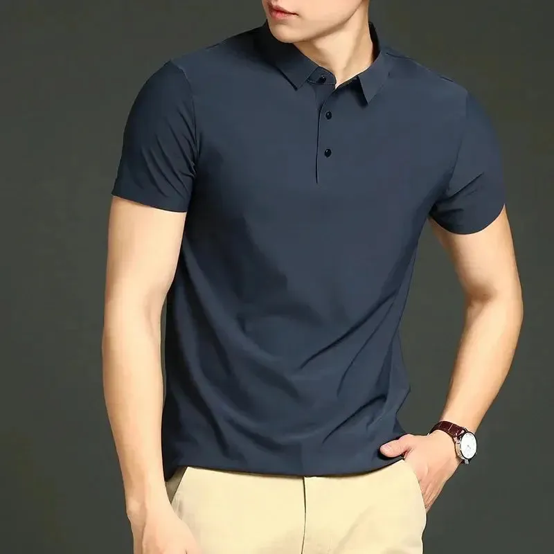 Summer T-shirt Short Sleeve Stretch Ice Silk Polo Shirt Men Business Casual