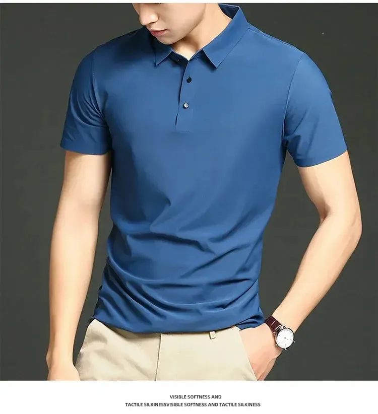 Summer T-shirt Short Sleeve Stretch Ice Silk Polo Shirt Men Business Casual