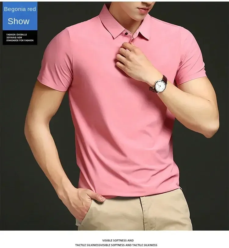 Summer T-shirt Short Sleeve Stretch Ice Silk Polo Shirt Men Business Casual