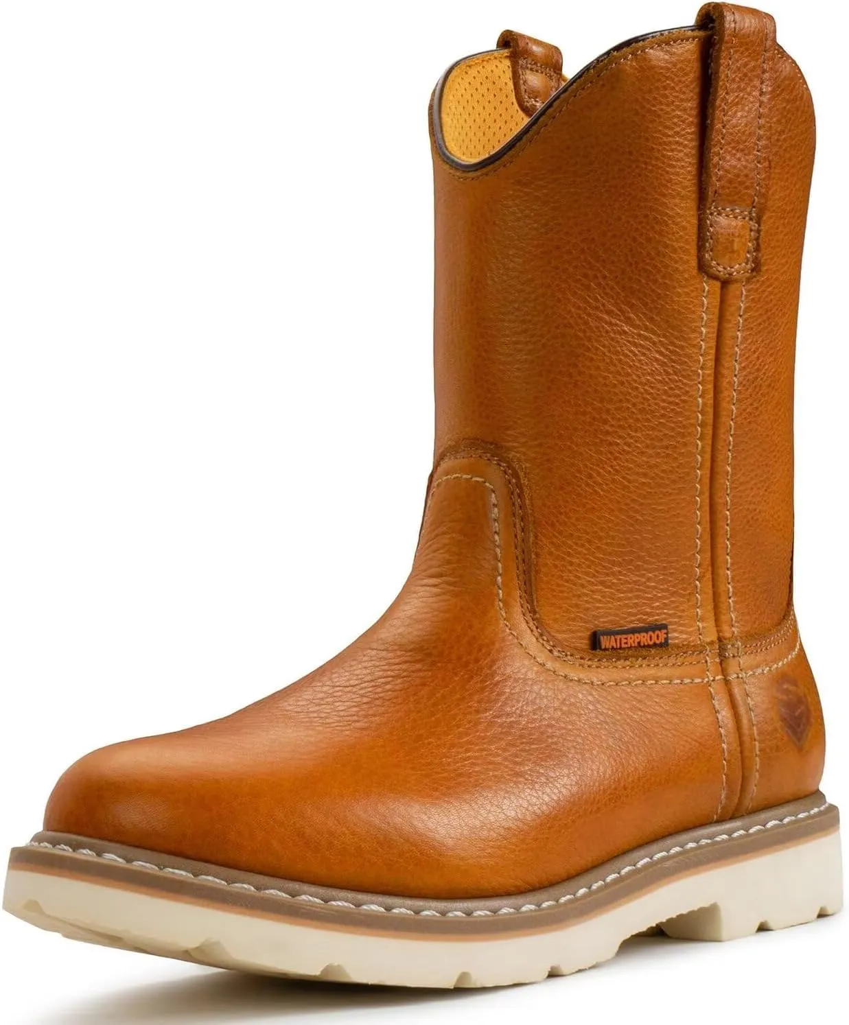 SUREWAY Mens 10 in Soft/Steel Toe Waterproof Wellington Boot,Heavy Duty Pull On Work Boots for Men,Full Grain Leather,Goodyear Welted,Superior Slip Resistant,Waterproof Soft Toe Light Brown,Size 9.5