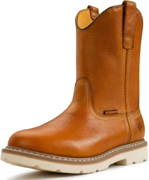 SUREWAY Mens 10 in Soft/Steel Toe Waterproof Wellington Boot,Heavy Duty Pull On Work Boots for Men,Full Grain Leather,Goodyear Welted,Superior Slip Resistant,Waterproof Steel Toe Light Brown,Size 9.5