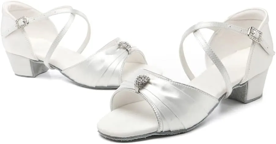 SWDZM Girls Latin Dance Shoes Low Heel Satin Ballroom Salsa Pratice Dance Shoes,Model EM-New Child