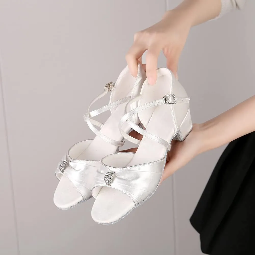 SWDZM Girls Latin Dance Shoes Low Heel Satin Ballroom Salsa Pratice Dance Shoes,Model EM-New Child