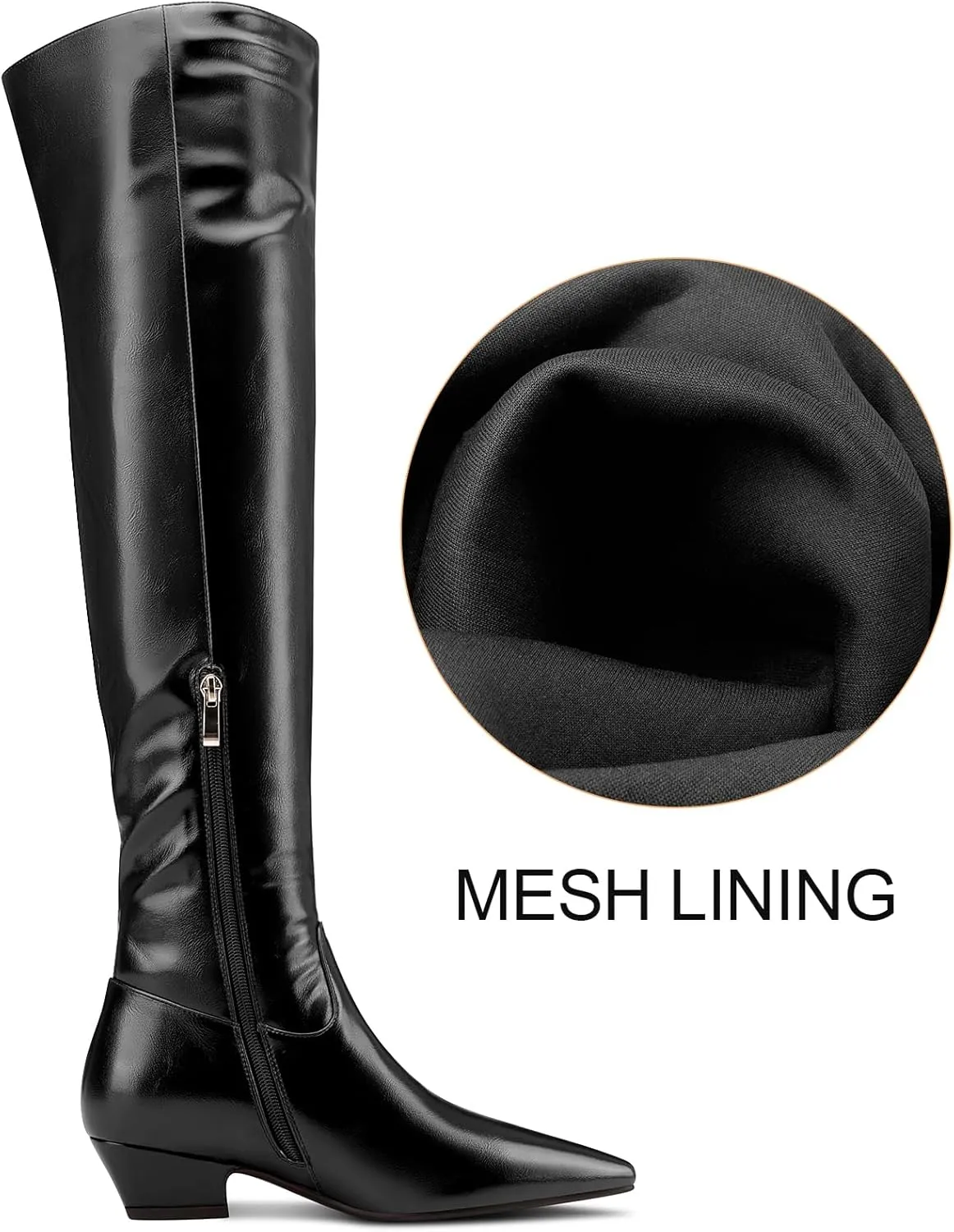 TNYNFBEB Womens Chunky Block Low Heel Pointed Toe Over Above The Knee Boots Zipper Prom Party Dress 1.4 Inches Heels