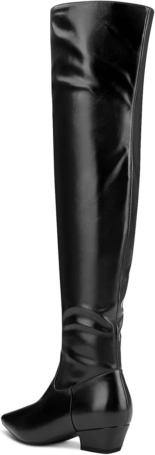 TNYNFBEB Womens Chunky Block Low Heel Pointed Toe Over Above The Knee Boots Zipper Prom Party Dress 1.4 Inches Heels