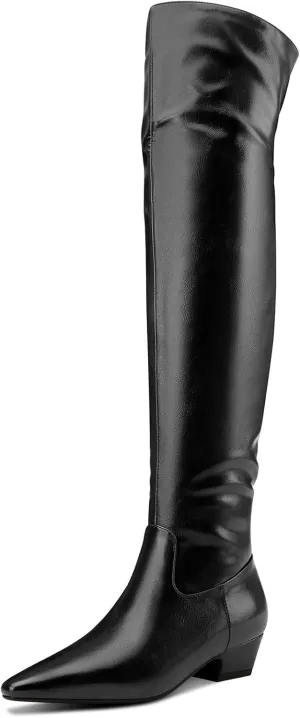 TNYNFBEB Womens Chunky Block Low Heel Pointed Toe Over Above The Knee Boots Zipper Prom Party Dress 1.4 Inches Heels