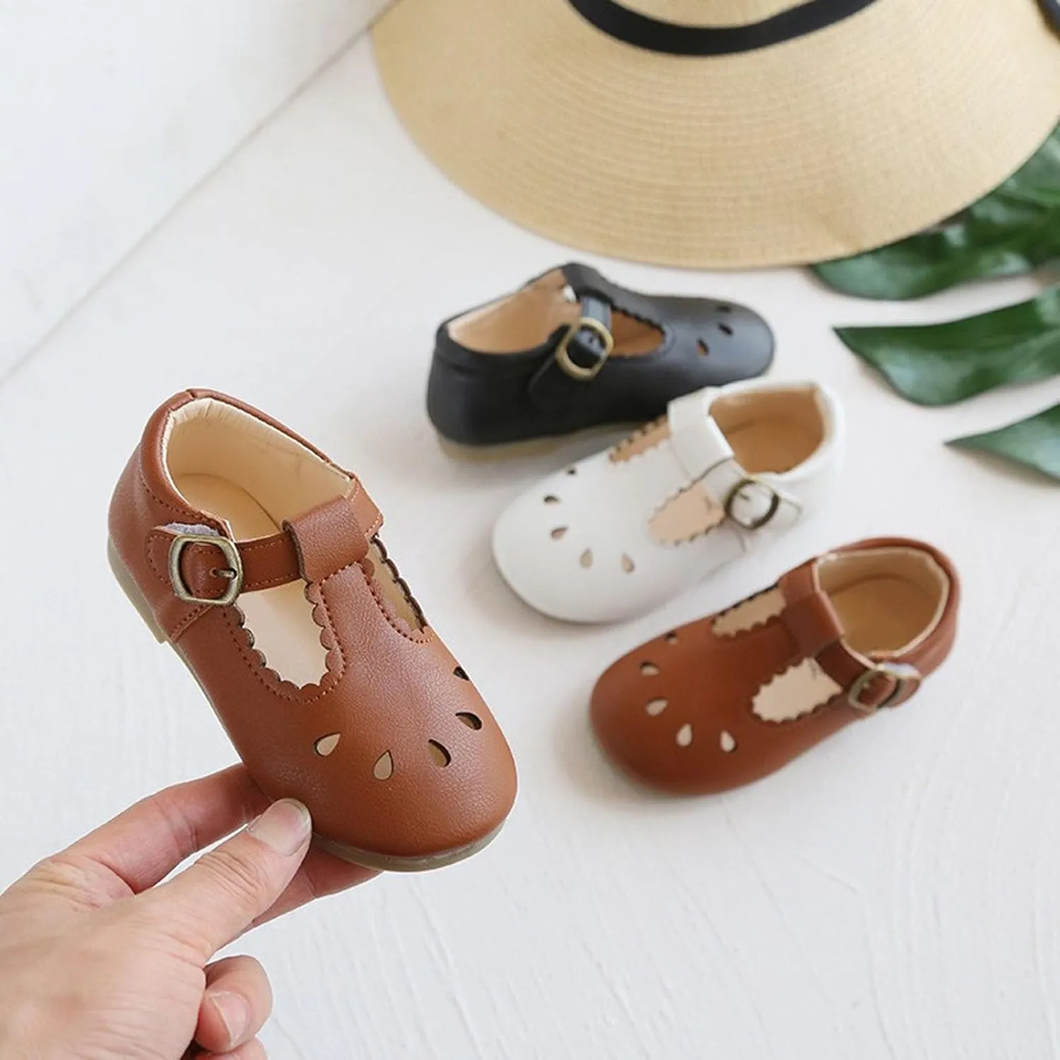 Toddler Girl T Strap Mary Jane Dress Shoes, Little Girl Closed Toe Hollow Buckle School niform Walking Shoes