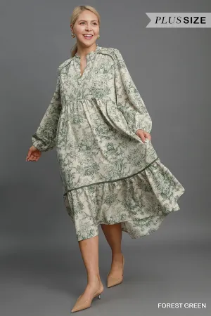 Umgee Forest Green Landscape Print Midi Dress Plus