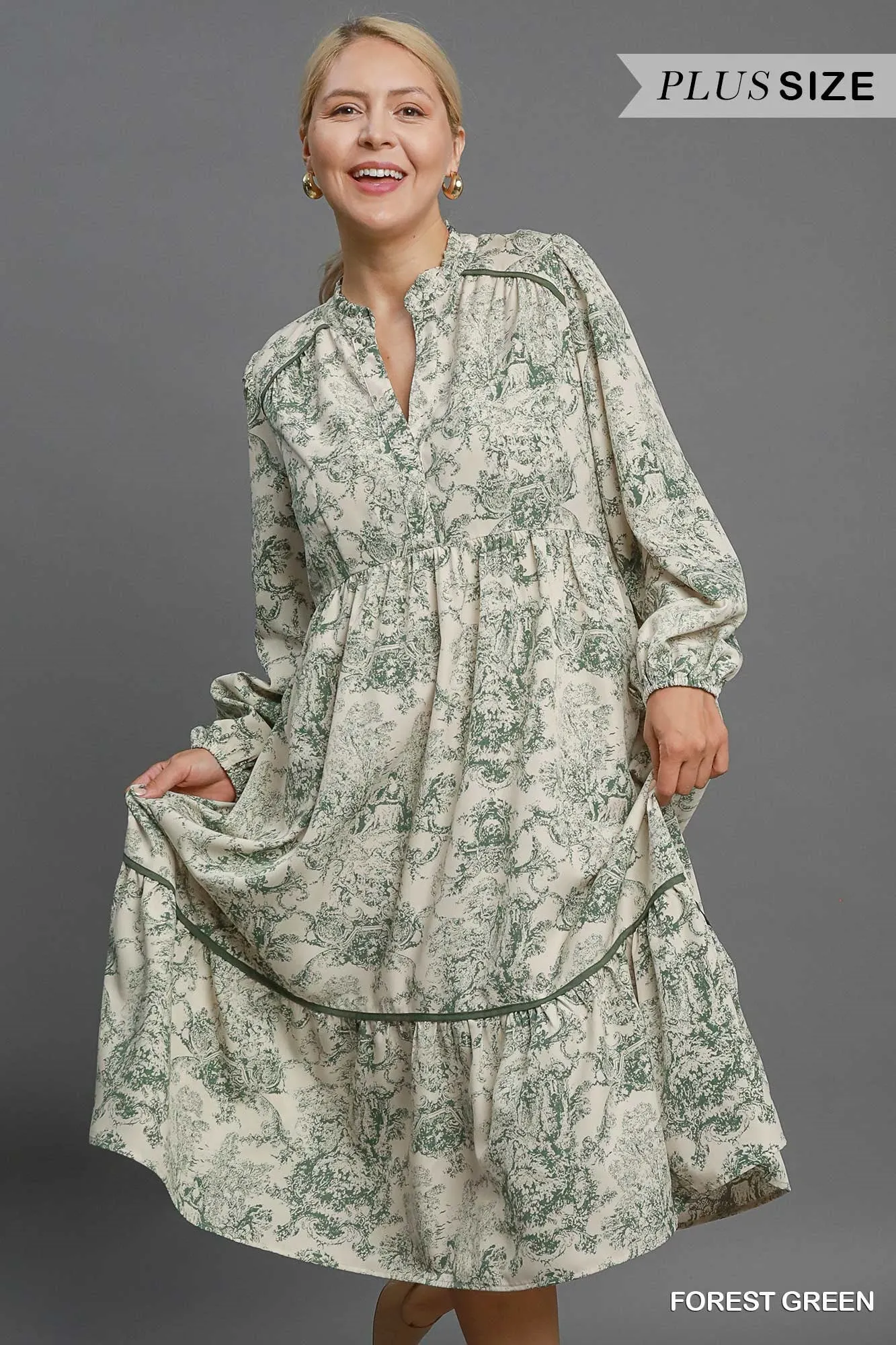 Umgee Forest Green Landscape Print Midi Dress Plus