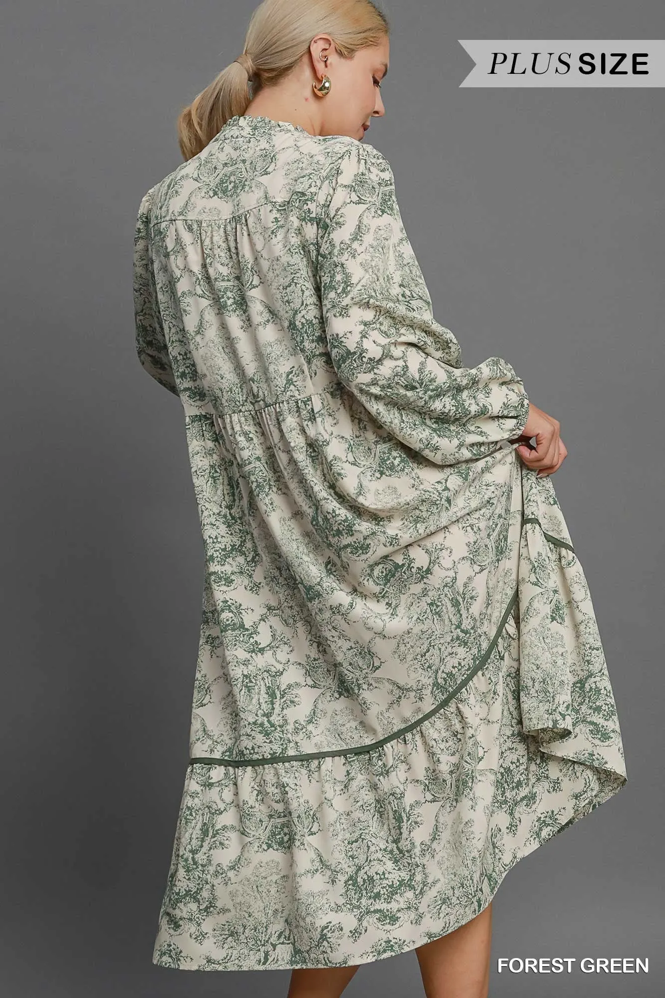 Umgee Forest Green Landscape Print Midi Dress Plus