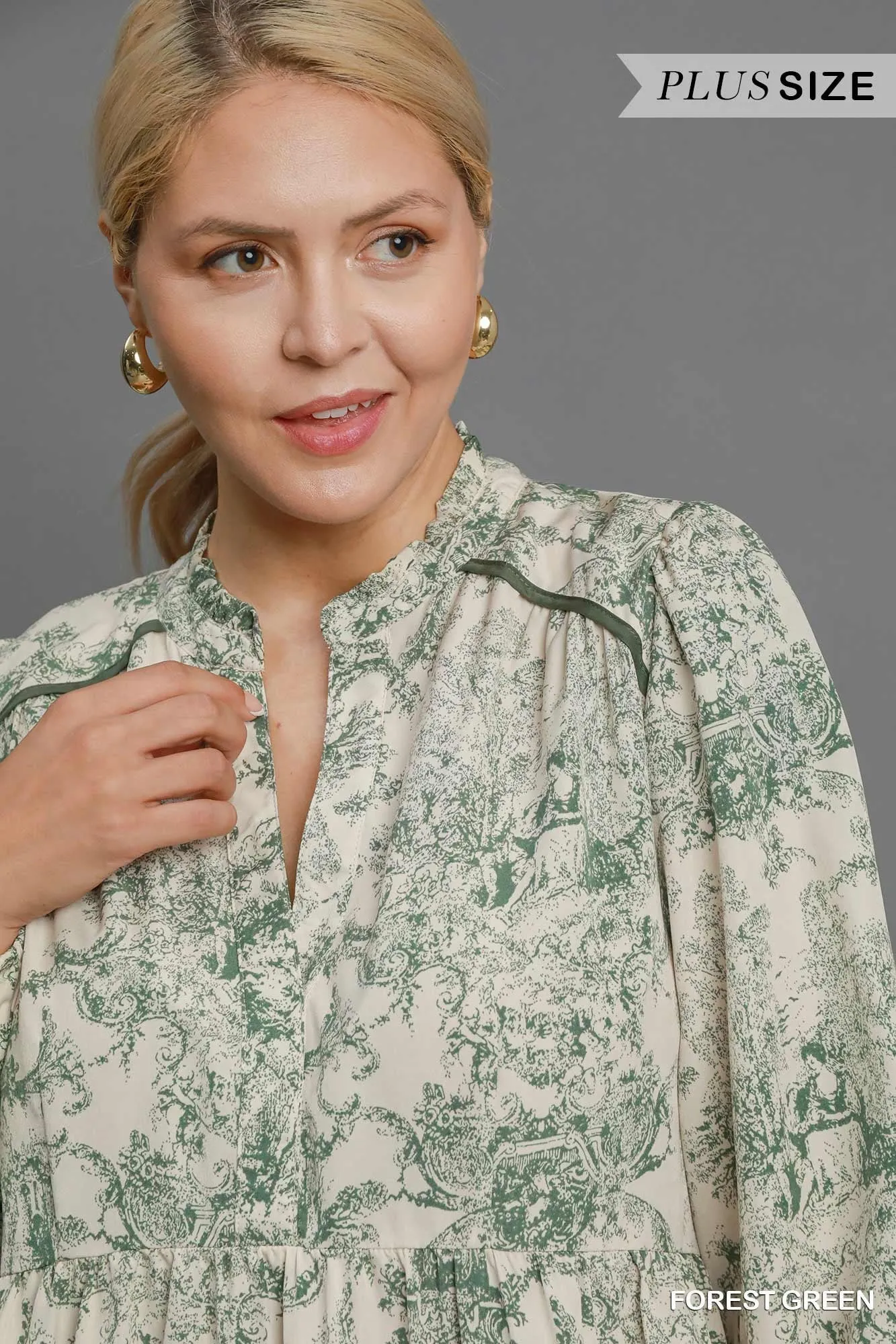 Umgee Forest Green Landscape Print Midi Dress Plus