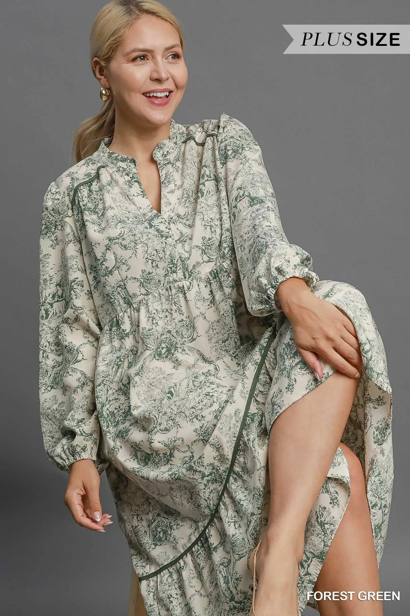 Umgee Forest Green Landscape Print Midi Dress Plus
