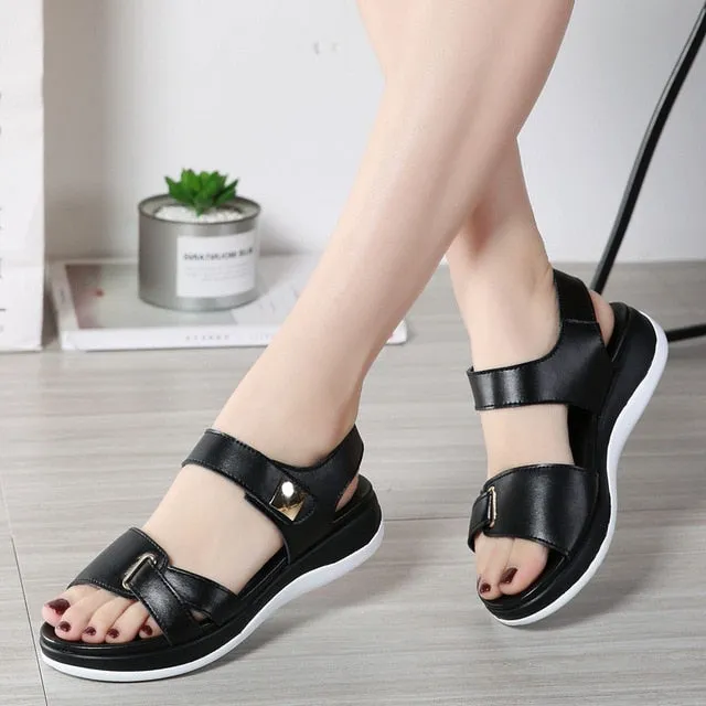 Women Female Ladies Mother Genuine Leather Shoes Sandals Flats Soft Hook Loop Korean Bling Summer