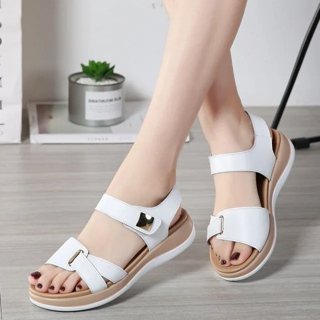 Women Female Ladies Mother Genuine Leather Shoes Sandals Flats Soft Hook Loop Korean Bling Summer