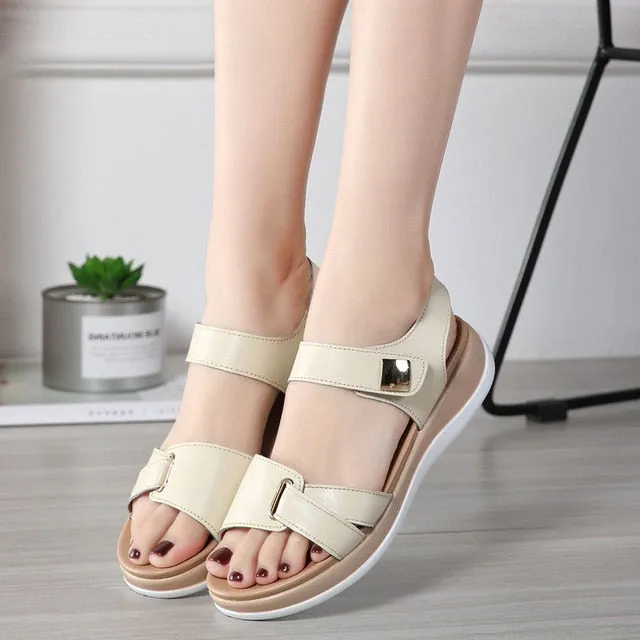 Women Female Ladies Mother Genuine Leather Shoes Sandals Flats Soft Hook Loop Korean Bling Summer